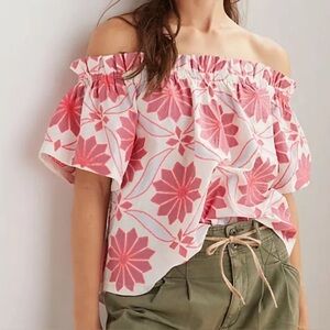 Anthropologie Maeve Neon Pink & White Embroidered Off the Shoulder Top